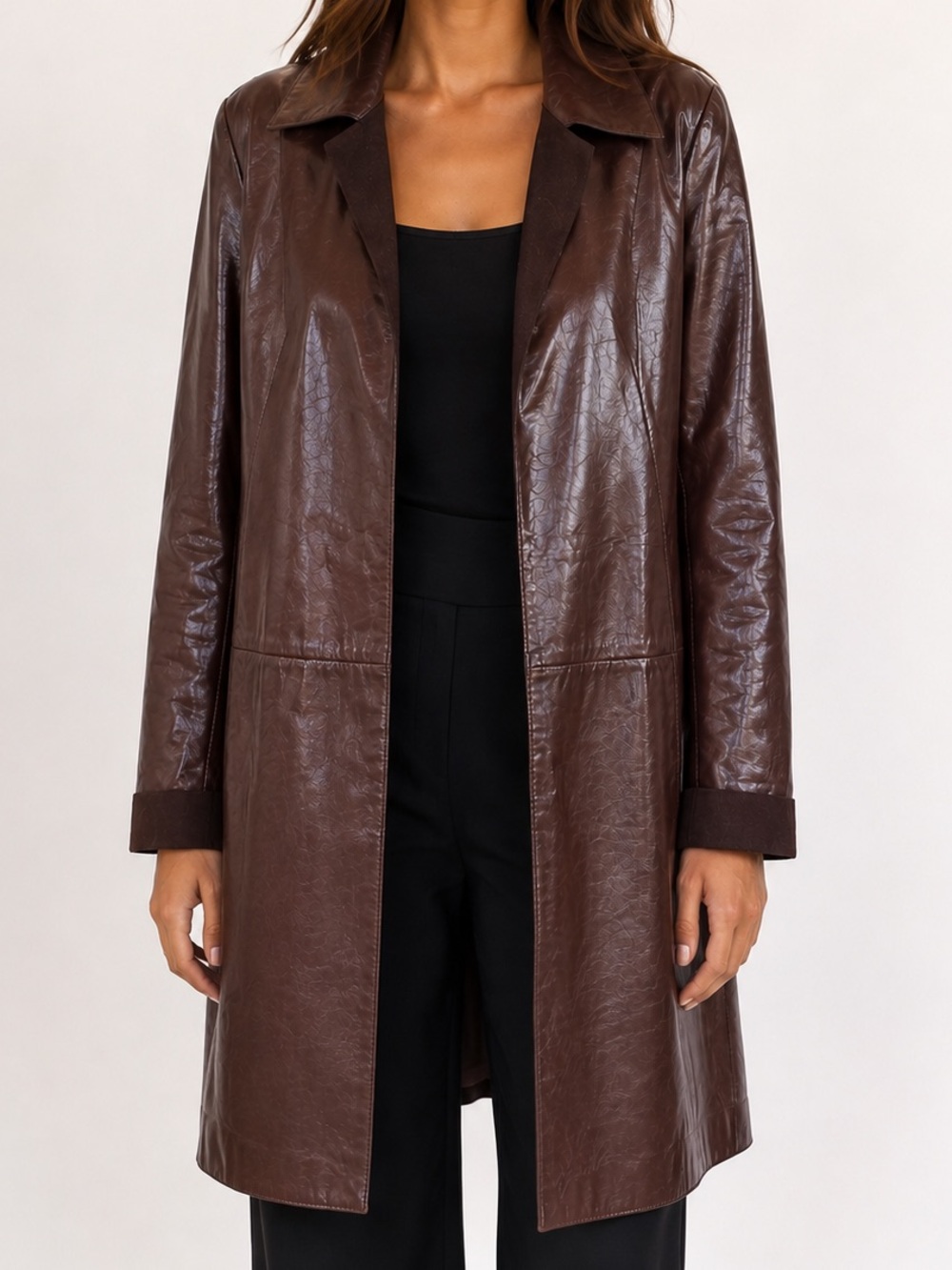 Anne Klein Leather Long Coat Brown Made in Korea Open Front Minimalist Classic L